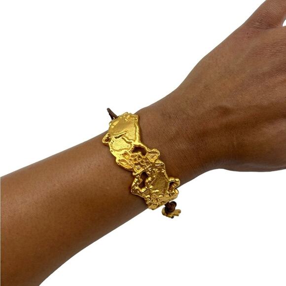 Boutique Boho Handmade Chunky Gold Foil Nugget Leather Statement Bracelet - Picture 2 of 9